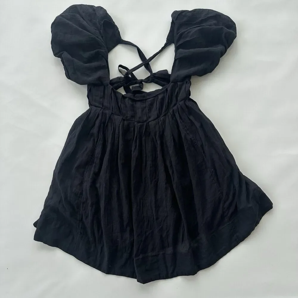 NWT Free People Marina Black Mini Dress Gauze Puff Sleeve Size Small